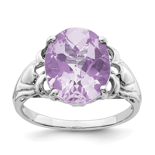 Sterling Silver Rhodium Oval Checker Cut Pink Quartz Ring (Size 7 Only)