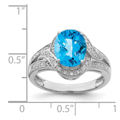 Sterling Silver Rhodium Diamond & Oval Checker Cut Blue Topaz Ring (Size 7 Only)