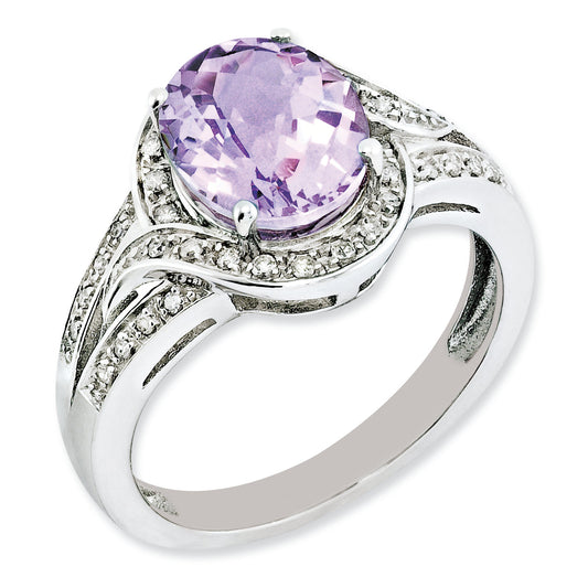 Sterling Silver Rh Plated Diamond & Oval Checker Cut Pink Quartz Ring (Size 7 Only)