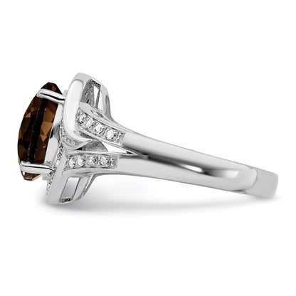 Sterling Silver Rhodium Diamond & Oval Checker Cut Smoky Quartz Ring (Size 7 Only)