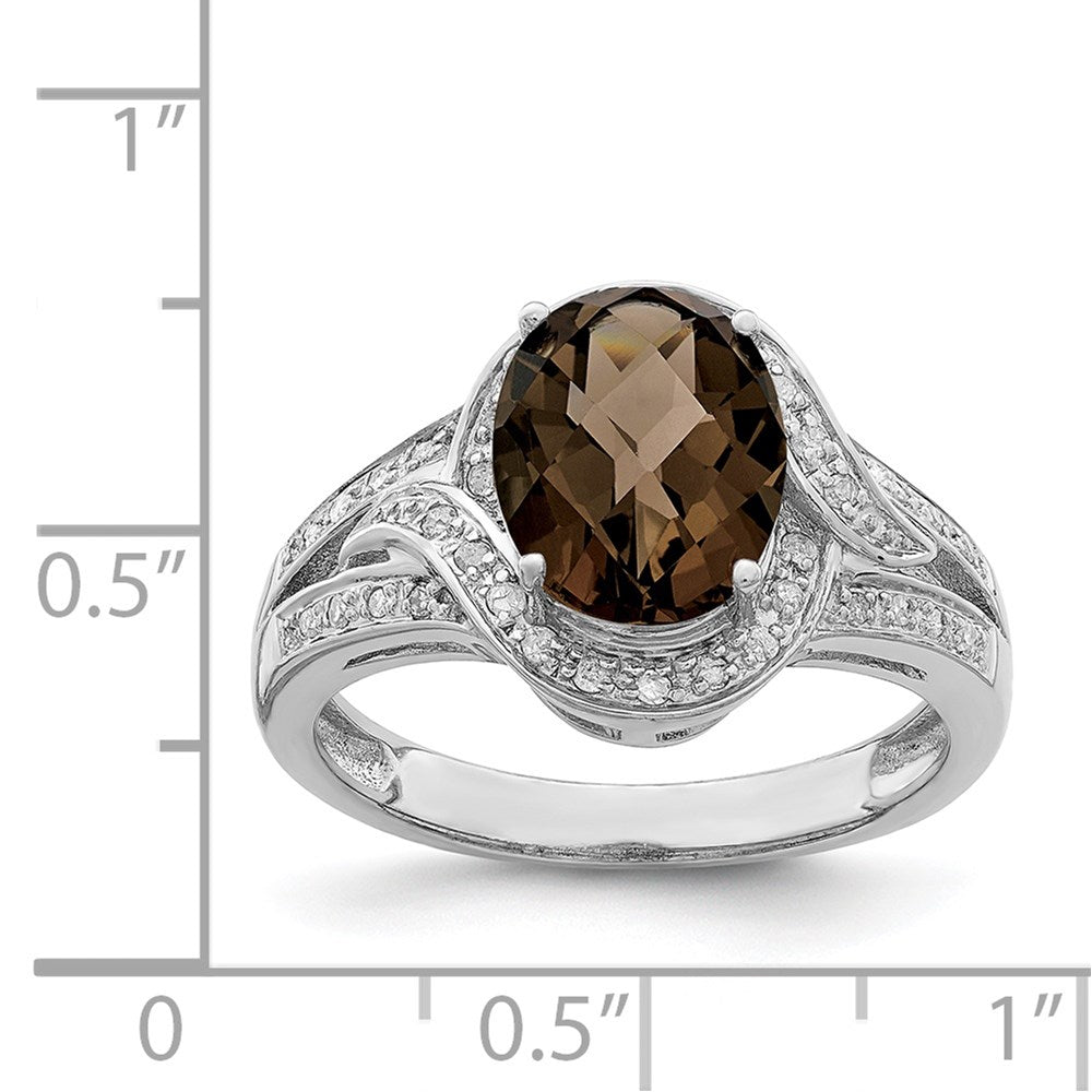 Sterling Silver Rhodium Diamond & Oval Checker Cut Smoky Quartz Ring (Size 7 Only)