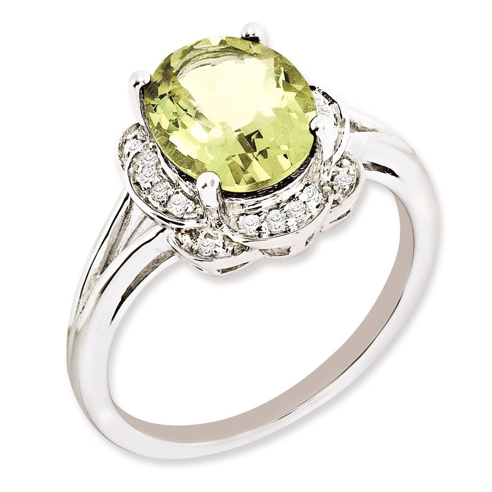 Sterling Silver Rhodium Plated Diamond & Lemon Quartz Ring