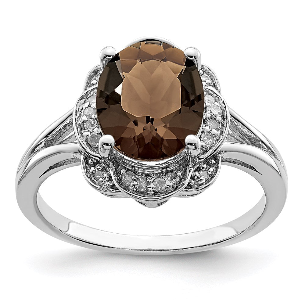 Sterling Silver Rhodium Diamond & Smoky Quartz Ring (Size 6 Only)