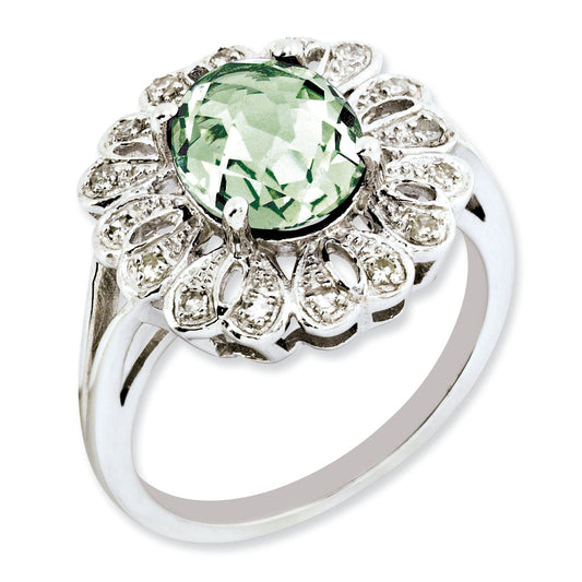 Sterling Silver Rh Plated Diamond & Oval Checker Cut Green Quartz Ring (Size 7 Only)