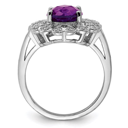 Sterling Silver Rhodium Plated Diam & Oval Checker Cut Amethyst Ring (Size 7 Only)