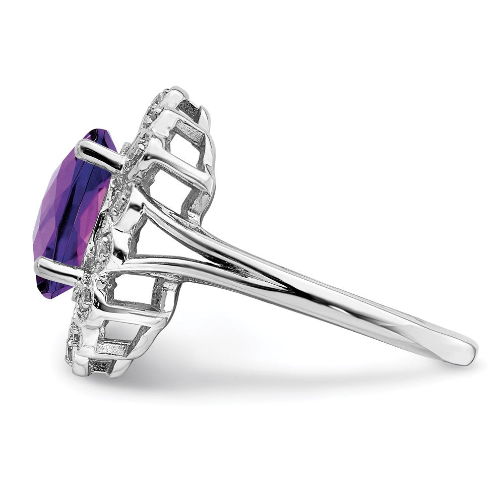 Sterling Silver Rhodium Plated Diam & Oval Checker Cut Amethyst Ring (Size 7 Only)
