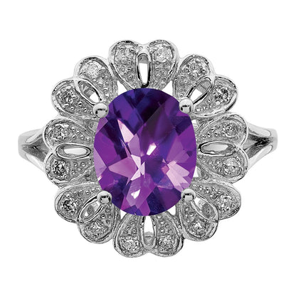 Sterling Silver Rhodium Plated Diam & Oval Checker Cut Amethyst Ring (Size 7 Only)
