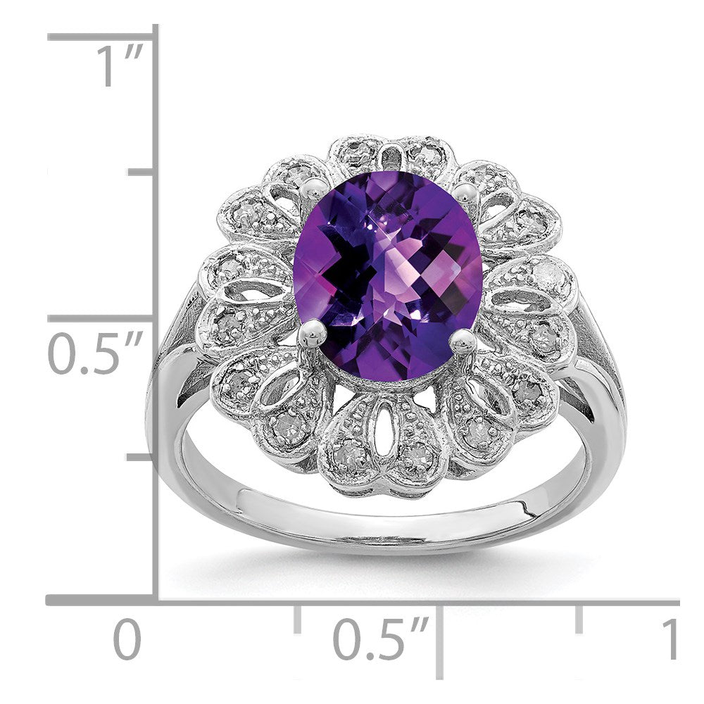 Sterling Silver Rhodium Plated Diam & Oval Checker Cut Amethyst Ring (Size 7 Only)