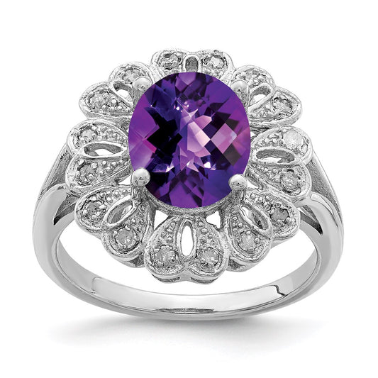 Sterling Silver Rhodium Plated Diam & Oval Checker Cut Amethyst Ring (Size 7 Only)