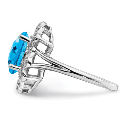 Sterling Silver Rhodium Diamond & Oval Checker Cut Blue Topaz Ring (Size 7 Only)