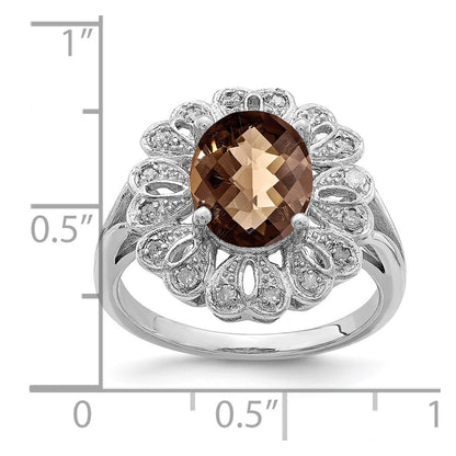 Sterling Silver Rhodium Diamond & Checker Cut Smoky Quartz Ring