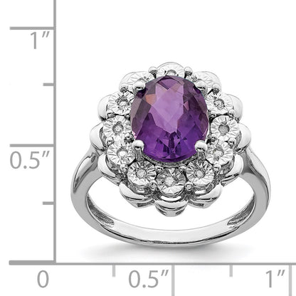 Sterling Silver Rhodium Plated Diamond & Checker Cut Amethyst Ring