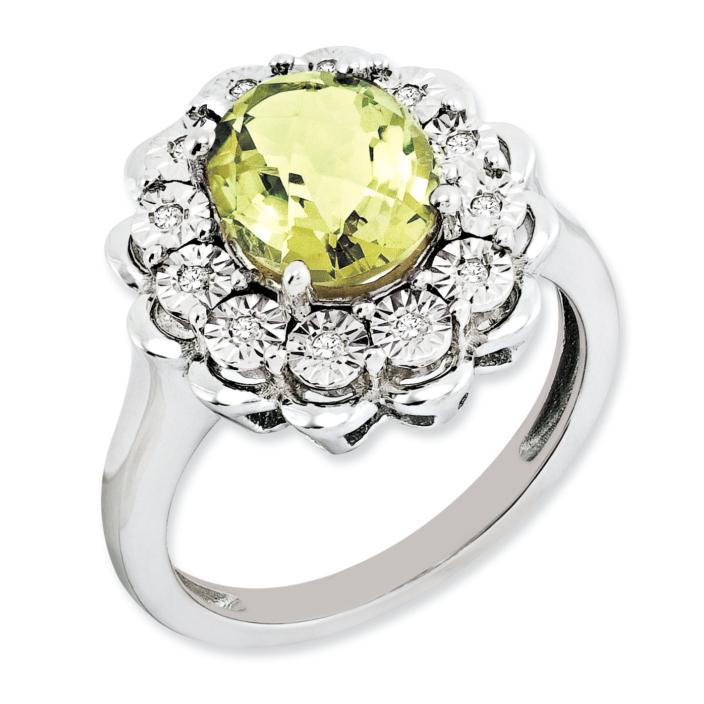 Sterling Silver Rh Plated Diamond & Oval Checker Cut Lemon Quartz Ring (Size 7 Only)