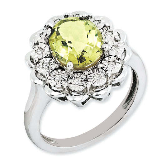 Sterling Silver Rh Plated Diamond & Oval Checker Cut Lemon Quartz Ring (Size 7 Only)