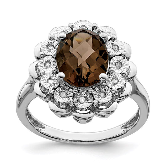 Sterling Silver Rhodium Diamond & Oval Checker Cut Smoky Quartz Ring (Size 7 Only)