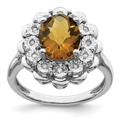 Sterling Silver Rhodium Diamond & Oval Checker Cut Whiskey Quartz Ring