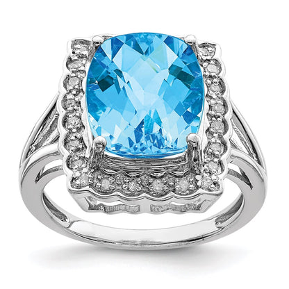 Sterling Silver Rhodium Diamond & Checker Cut Blue Topaz Ring (Size 7 Only)