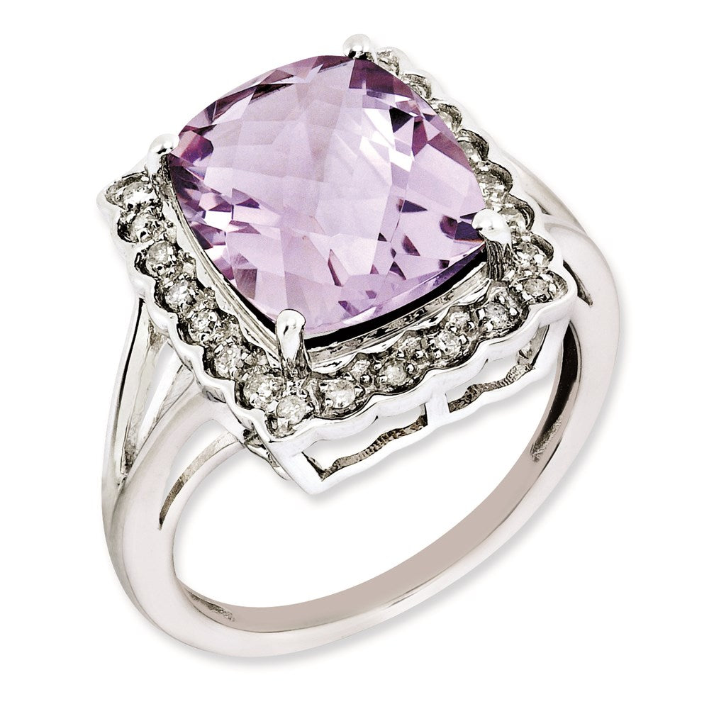 Sterling Silver Rhodium Plated Diamond & Checker Cut Pink Quartz Ring