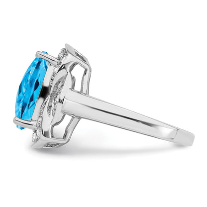 Sterling Silver Rhodium Diamond & Checker Cut Blue Topaz Ring (Size 7 Only)