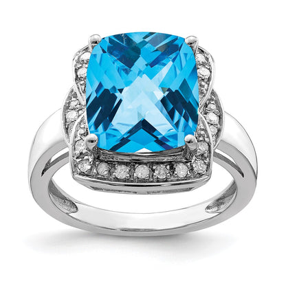 Sterling Silver Rhodium Diamond & Checker Cut Blue Topaz Ring (Size 7 Only)