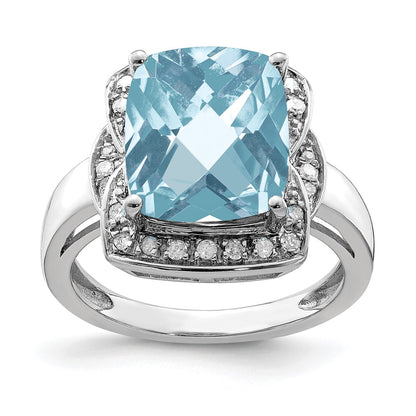 Sterling Silver Rhodium Diamond & Checker Cut Sky Blue Topaz Ring (Size 7 Only)