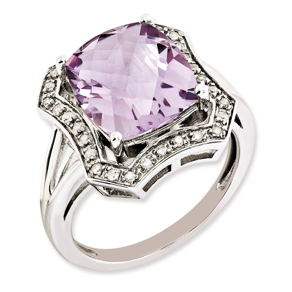 Sterling Silver Rhodium Plated Diamond & Checker Cut Pink Quartz Ring