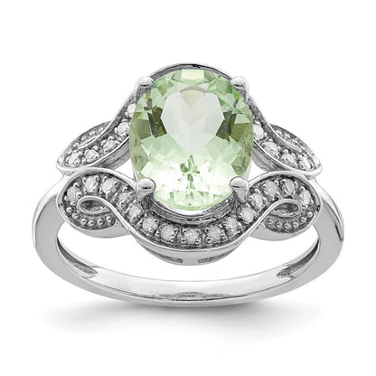 Sterling Silver Rhodium Diamond & Green Quartz Ring