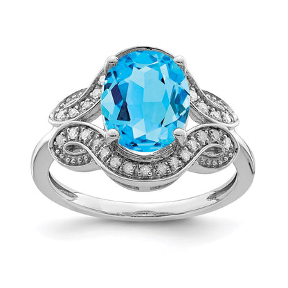 Sterling Silver Rhodium Diamond & Blue Topaz Ring