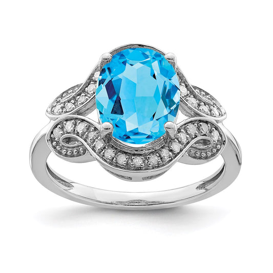 Sterling Silver Rhodium Diamond & Blue Topaz Ring