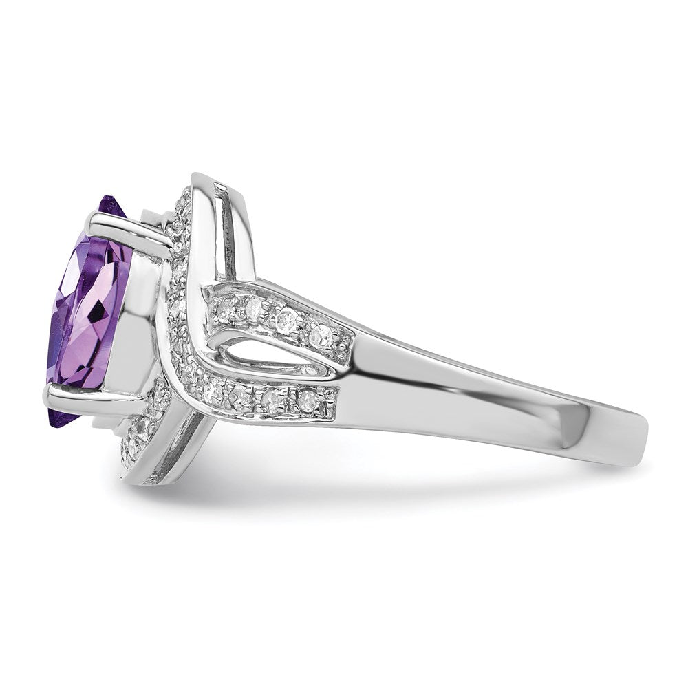 Sterling Silver Rhodium Plated Diamond & Oval Checker Cut Amethyst Ring (Size 7 Only)