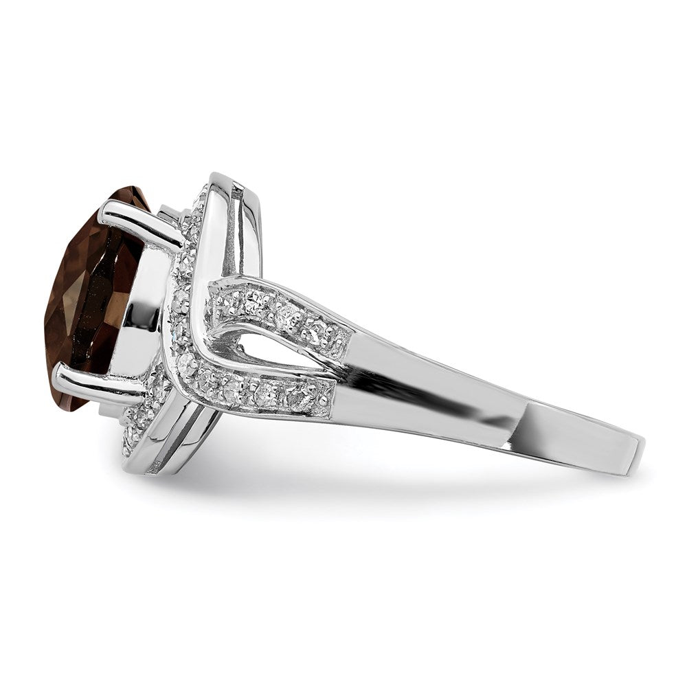 Sterling Silver Rhodium Diamond & Oval Checker Cut Smoky Quartz Ring (Size 7 Only)