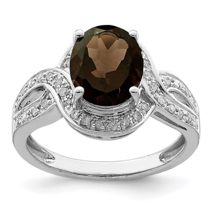 Sterling Silver Rhodium Diamond & Oval Checker Cut Smoky Quartz Ring (Size 7 Only)