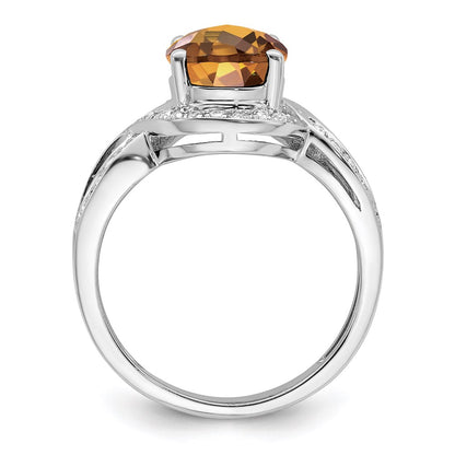 Sterling Silver Rhodium Diamond & Oval Checker Cut Whiskey Quartz Ring (Size 7 Only)