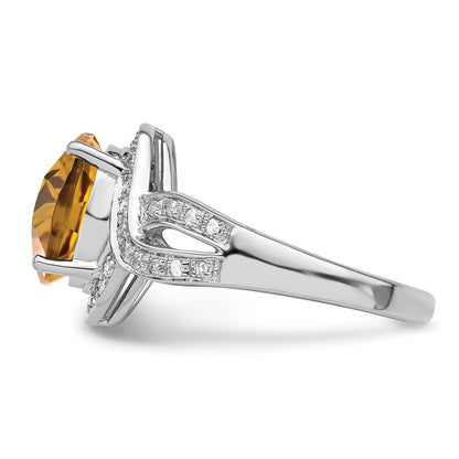 Sterling Silver Rhodium Diamond & Oval Checker Cut Whiskey Quartz Ring (Size 7 Only)