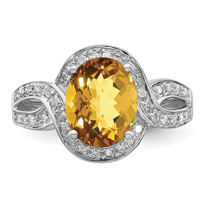 Sterling Silver Rhodium Diamond & Oval Checker Cut Whiskey Quartz Ring (Size 7 Only)