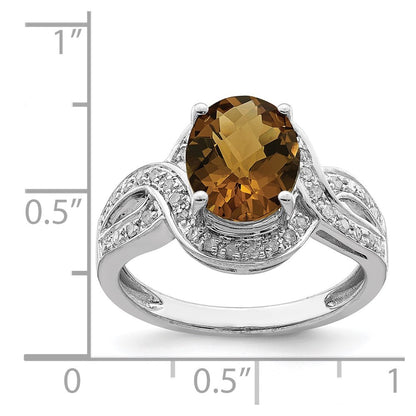 Sterling Silver Rhodium Diamond & Oval Checker Cut Whiskey Quartz Ring (Size 7 Only)