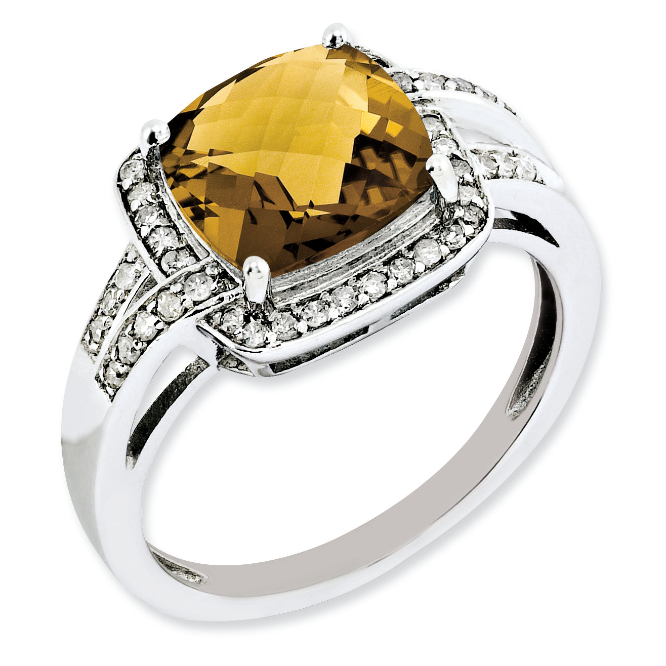 Sterling Silver Rh Plated Diamond & Checker Cut Whiskey Quartz Ring (Size 7 Only)