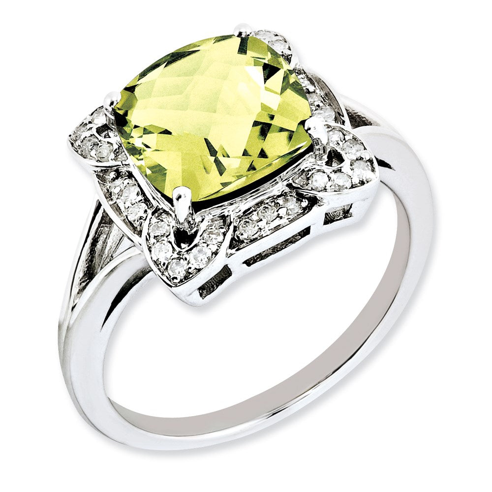 Sterling Silver Rhodium Plated Diamond & Checker Cut Lemon Quartz Ring