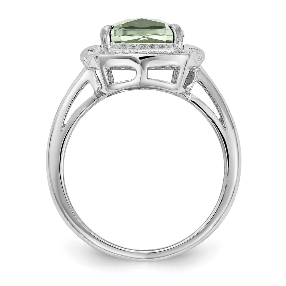 Sterling Silver Rhodium Diamond & Checker Cut Green Quartz Ring
