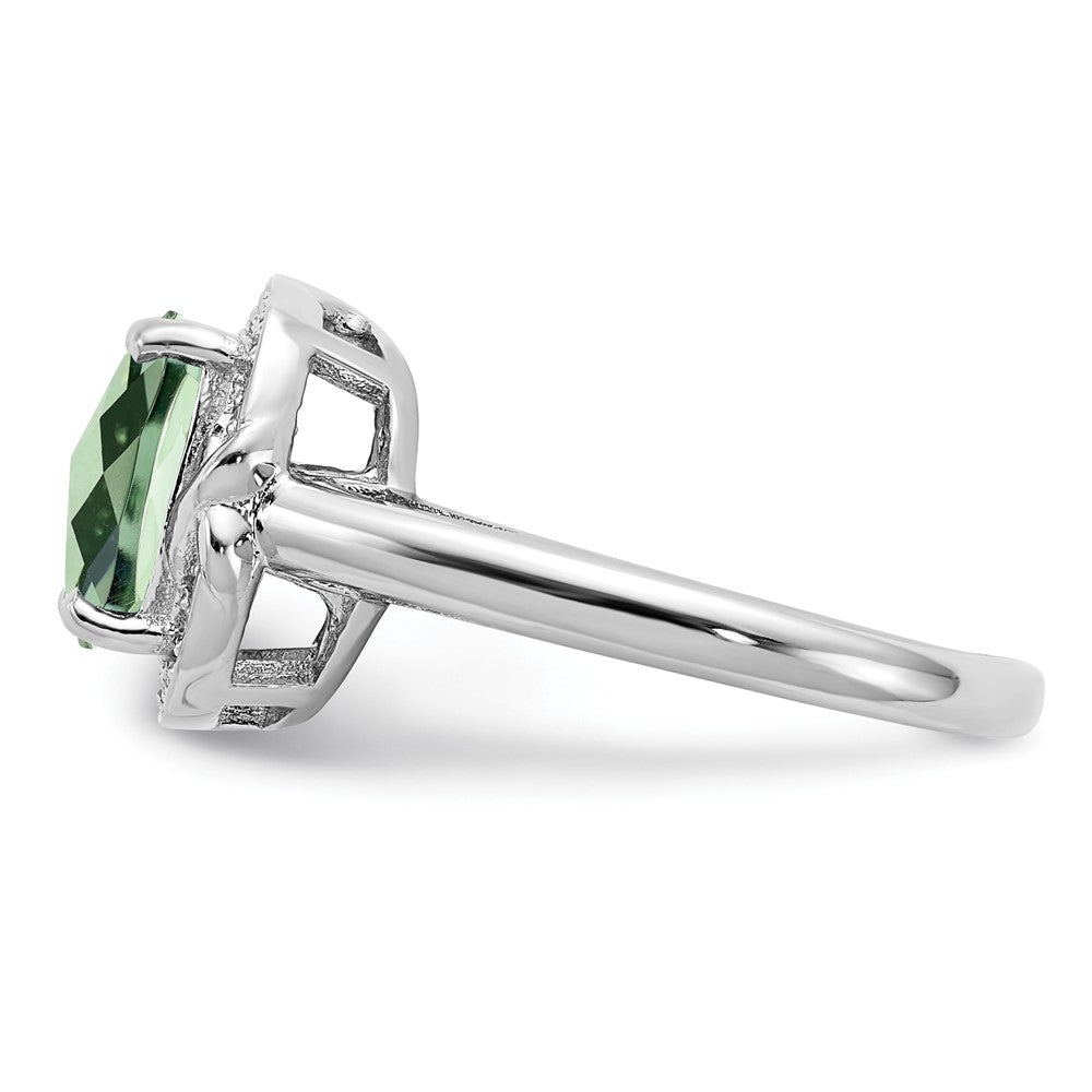 Sterling Silver Rhodium Diamond & Checker Cut Green Quartz Ring