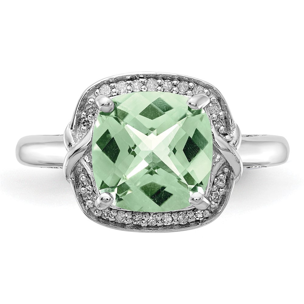 Sterling Silver Rhodium Diamond & Checker Cut Green Quartz Ring