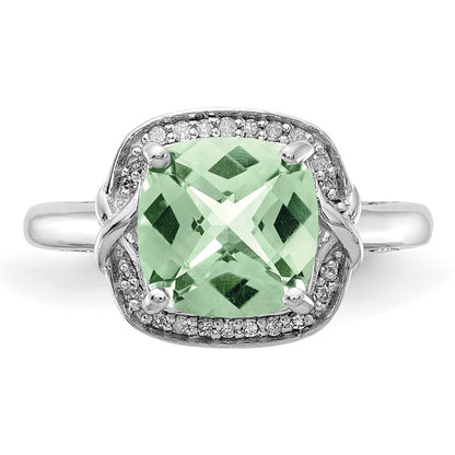 Sterling Silver Rhodium Diamond & Checker Cut Green Quartz Ring