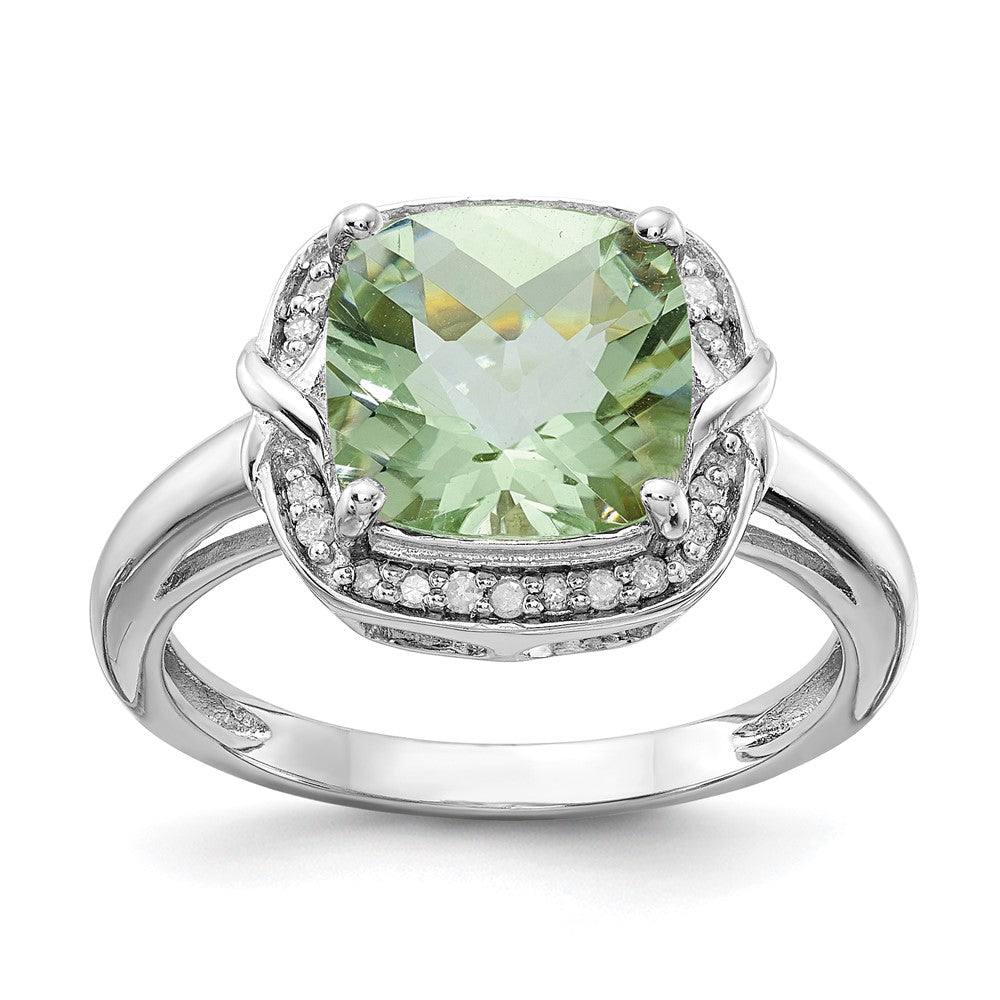 Sterling Silver Rhodium Diamond & Checker Cut Green Quartz Ring
