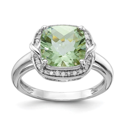 Sterling Silver Rhodium Diamond & Checker Cut Green Quartz Ring