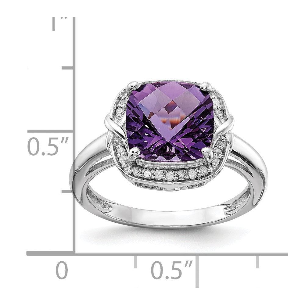 Sterling Silver Rhodium Plated Diamond & Checker Cut Amethyst Ring