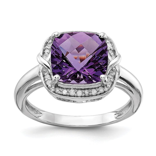 Sterling Silver Rhodium Plated Diamond & Checker Cut Amethyst Ring