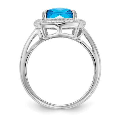 Sterling Silver Rhodium Diamond & Checker Cut Blue Topaz Ring