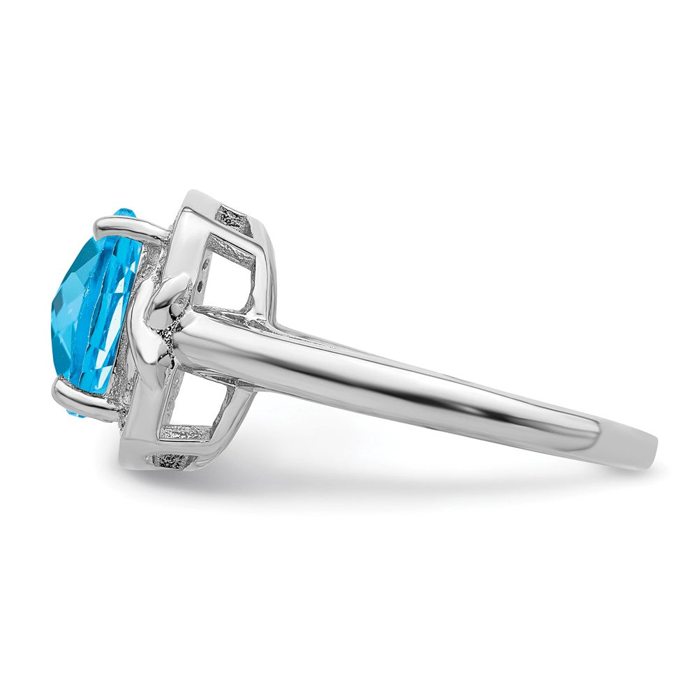 Sterling Silver Rhodium Diamond & Checker Cut Blue Topaz Ring