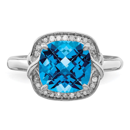 Sterling Silver Rhodium Diamond & Checker Cut Blue Topaz Ring