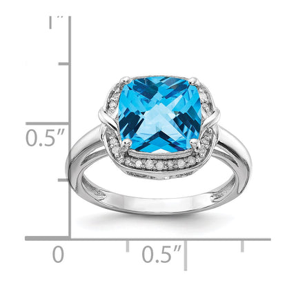 Sterling Silver Rhodium Diamond & Checker Cut Blue Topaz Ring